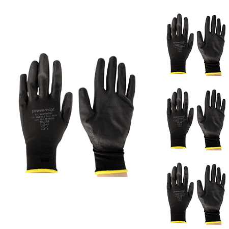 Kit 6 Luvas MaxTato PU Preta Prevemax CA 46832