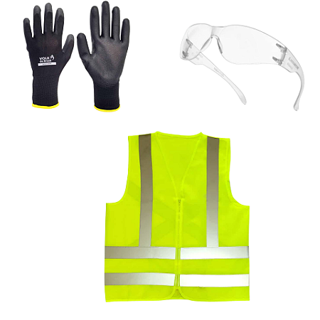 Kit EPI Entregador Colete Verde Óculos Incolor Luva Multitato PU