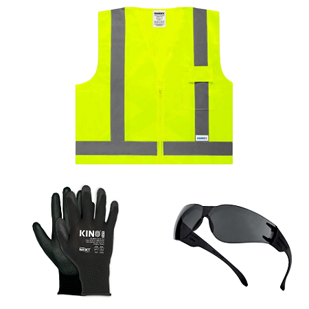 Kit EPI Entregador Colete Verde Óculos Cinza/Fumê Luva Multitato