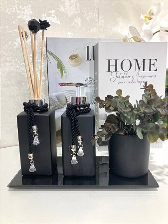 Kit Lavabo  Aromatizador Difusor  Saboneteira Square Preto Fosco com bandeja e vaso de flor