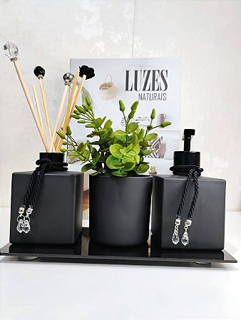 Kit Lavabo  Cubo Preto fosco Aromatizador Difusor  Saboneteira com bandeja e vaso de flor