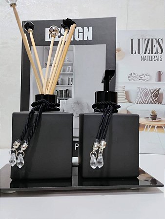 Kit Difusor e Saboneteira com Bandeja Cubo Preto Fosco