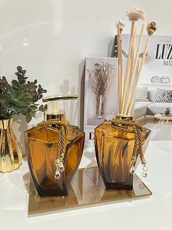 Kit Difusor e Saboneteira com Bandeja Elegance Dourado com marrom