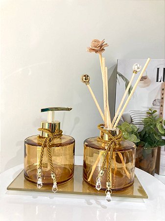 Kit Difusor e Saboneteira com Bandeja Dourado Pícolo