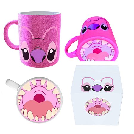 Caneca Com Glitter Rosa Bocão Stitch Angel Estilo Divertido e Caixinha Decorada
