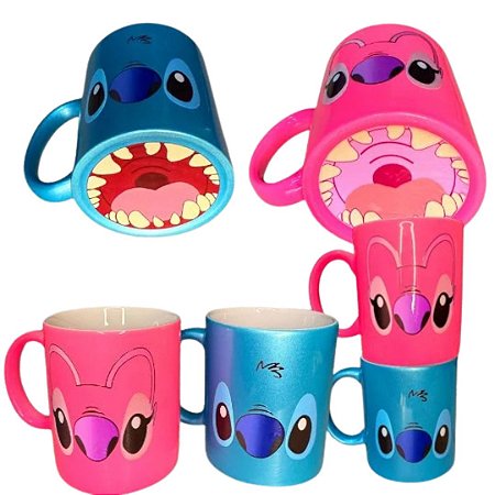 Kit Com 2 Caneca Stitch e Angel Bocão – Estampa Exclusiva com Boca na Base e Caixinha Exclusiva