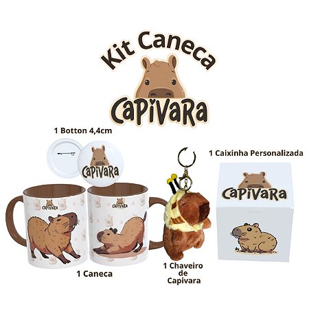 Kit Capivara para Presente – Caneca de Porcelana + Botton + Pelúcia + Caixa Exclusiva