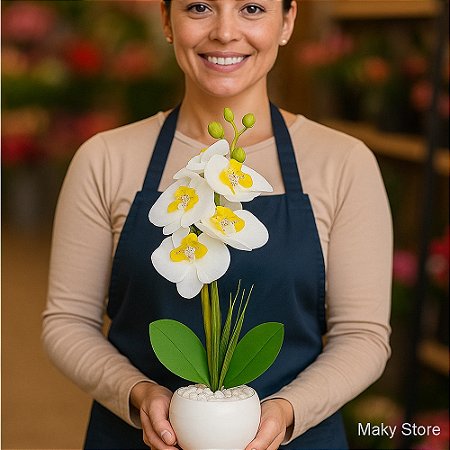 1 Arranjo de orquídea realista com vaso pedrinhas naturais flores grandes