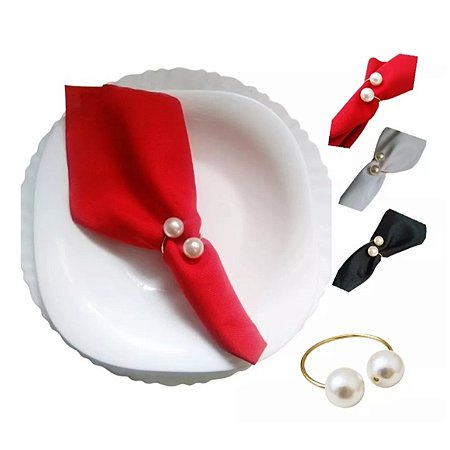 Kit 6 Guardanapo Tecido + 6 Argola Porta-Guardanapo Perola Grande Kit Mesa Posta Decor