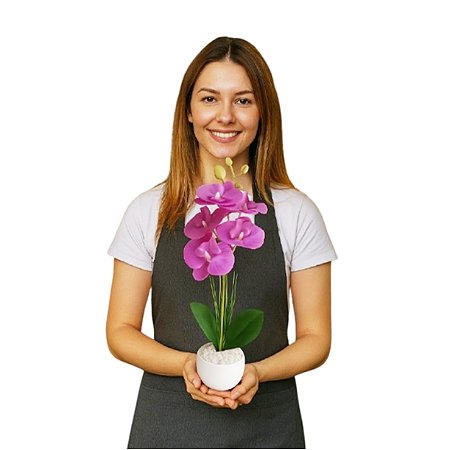 Arranjo De Orquidea Com Vaso Redondo E Pedrinhas Flores Artificiais Roxo
