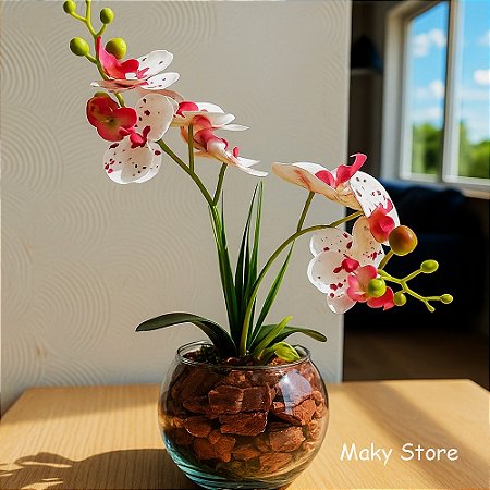 Arranjo De Orquidea Siliconada Efeito 3D Realista Com Vaso Vidro Cascalho Natural