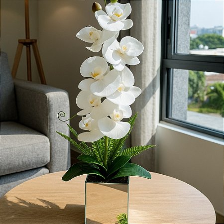 Arranjo Orquidea Branca Siliconada Com Vaso Espelho