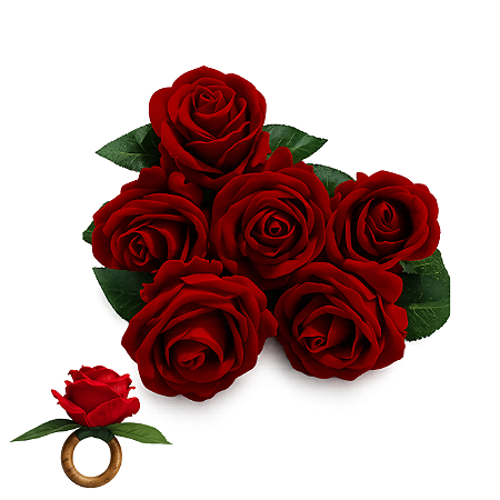 Kit 6 Argola Porta Guardanapo Rosa Vermelha Aveludada Decoração Mesa Posta