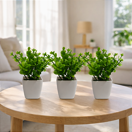 Trio Vasinhos Decorativos Com Plantinha Folhagem Eucalipto Artificial