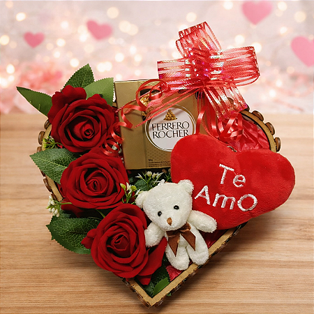 Cesta Presente Romantico Rosa Vermelha, Ursinho e Ferrero Rocher