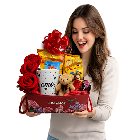 1 Cesta Cafe Da Manha Dia Das Maes Rosas Vermelhas Caneca Pelucia Cartao Completa Presente