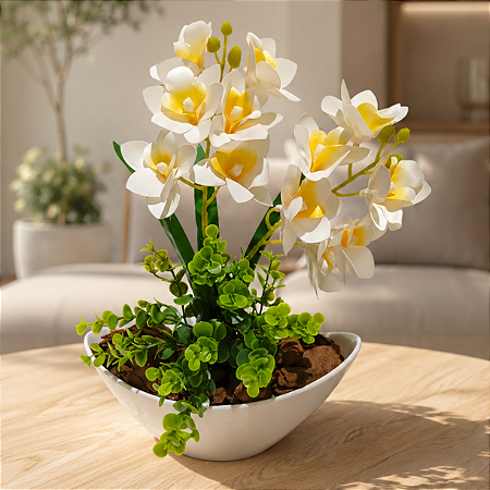 Orquidea Branca Siliconada Com Vaso Canoa Cascalho Natural Montado Pronto