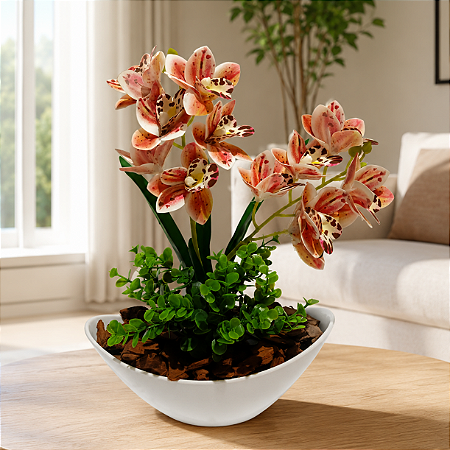 Arranjo Orquidea Rosa Rajada Siliconada Com Vaso Canoa Cascalho Natural Montado Pronto