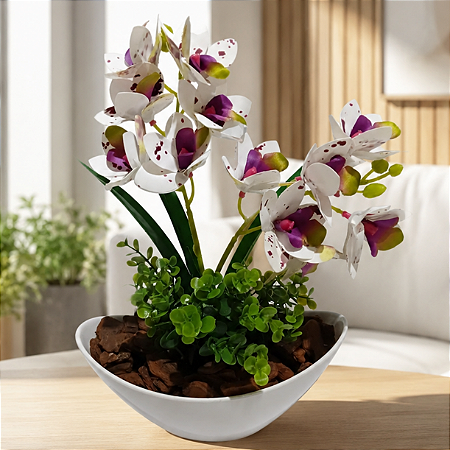 Arranjo Orquidea Branca Tigre Siliconada Com Vaso Canoa Cascalho Natural Montado Pronto