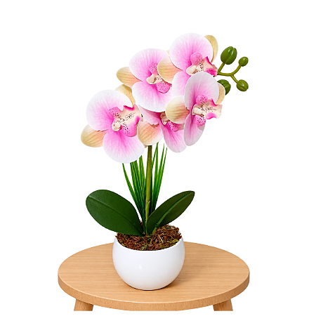 Arranjo Orquidea Rosa Efeito 3D Realista Com Vaso Musgo Natural Pronto