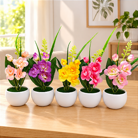 Kit 5 Vasinhos Decorativos Orquidea Artificial Mini Redondo Pronto