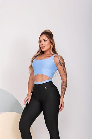 Conjunto Fitness Dani Top Azul e Legging Preta Tamanho GG