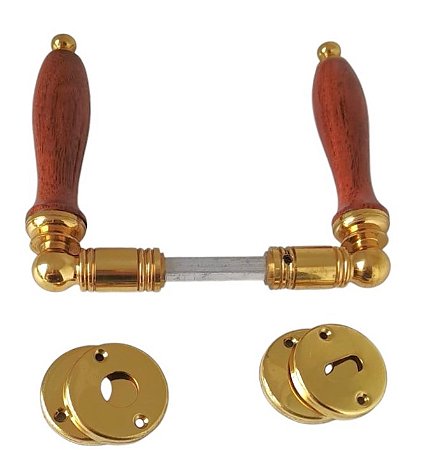 MAÇANETA IGLESIAS COM MADEIRA  E GUARNIÇÃO EM LATÃO DOURADO PARA PORTA INTERNA