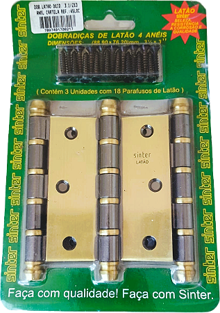 DOBRADIÇAS 3-1/2X3" COLONIAIS EM LATÃO COM 4 ANÉIS DE ROLAMENTO - LO