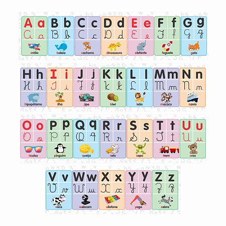 Faixa Alfabeto Ilustrado 4 Tipos Letra Bastão Cursiva Branco