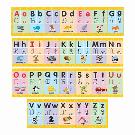 Faixa Alfabeto Ilustrado 4 Tipo Letra Bastão Cursiva Amarelo
