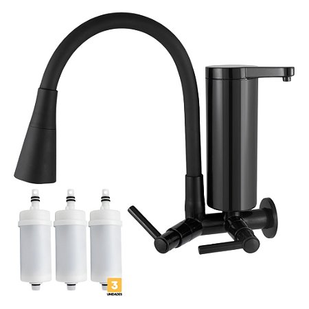 Torneira Pia Cozinha Preta Parede Com Filtro Gourmet 2 Jatos Abs + 3 Refil