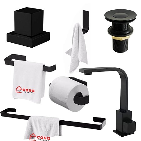Kit Acessórios Banheiro Luxo Todo Preto Fosco + Acabamento Quadrado Metal + Válvula + Torneira Metal
