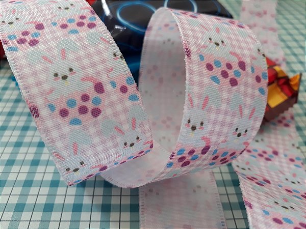 Fita Decorativa Digital (27mm) Xadrez Estampa Coelho da Páscoa - # PONTA DE ESTOQUE #