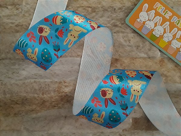 Fita de Cetim (38mm) Azul  Estampa Coelho, Ovo, Flor - Peça (10 Metros)