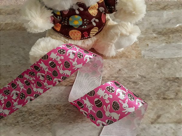 Fita de Cetim (38mm) Estampada Coelhos e Ovos - (Peça) 10 Metros