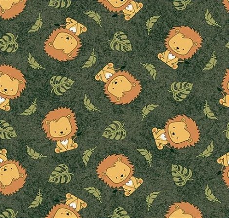 Tricoline Verde Musgo Poeirinha Estampado Leão e Folhas - 1 metro