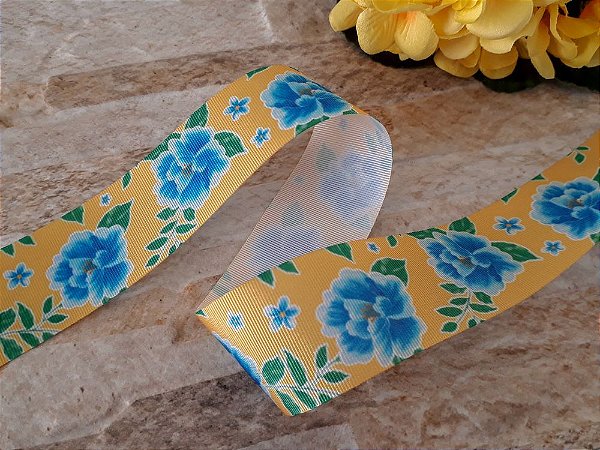 Fita de Gorgurão (38mm) Amarela Estampa Floral Chita Azul - Peça 10 metros