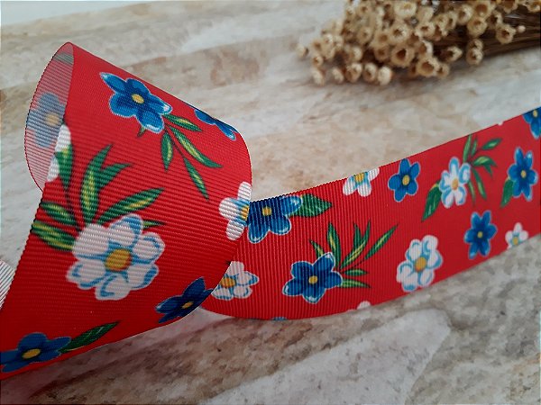 Fita de Gorgurão (38mm) Vermelha Estampa Chita ### Ponta de Estoque ###