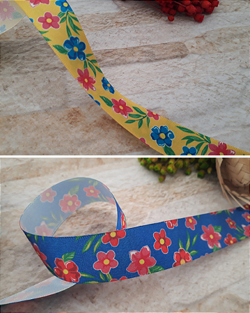 Fita de Cetim (22mm) Estampa Floral Chita - Peça (10 metros)