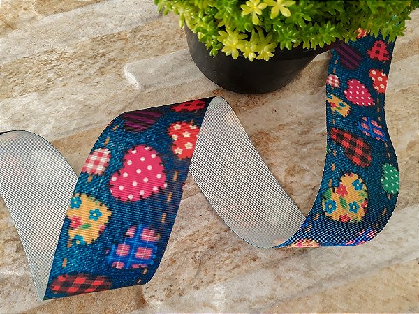 Fita de Gorgurão (38mm) Azul Estampa Corações Junino - Peça (10 metros)