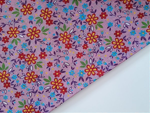 Chita Rosa Chiclete Floral Vermelho e Azul - 1m x 1,40m