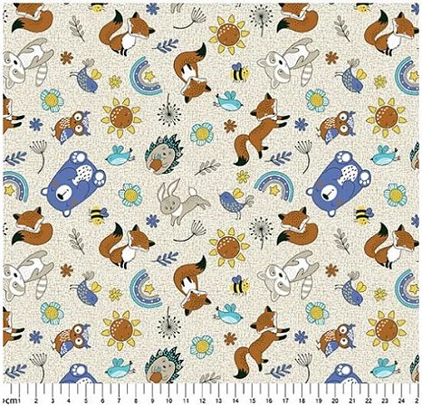 Tricoline Bege Coleção Fábula Estampado Bosque - 1 Metro