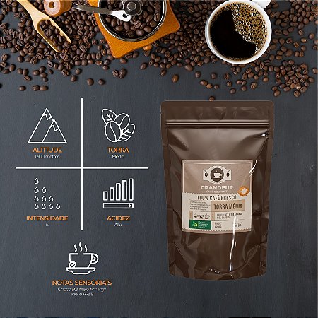 Moído - Grandeur Café Gourmet 100% arábica - 250g - Torra Média - Embalagem zip lock.