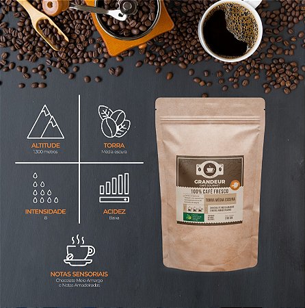 Moído - Grandeur Café Superior - 250g - Torra Média Escura - Embalagem zip lock.
