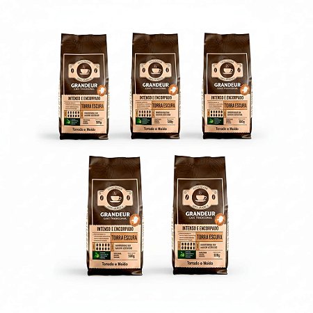 5 pcts - Torrado e Moído - Granulometria Fina - Grandeur Café Tradicional - Torra Escura - 100% Arábica - 500g - Notas Sensoriais Amadeiradas