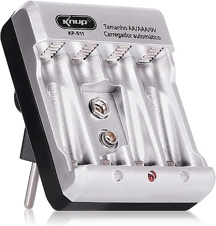 CARREGADOR AUTOMATICO DE PILHAS AA / AAA / 9V KNUP KP-511 CINZA