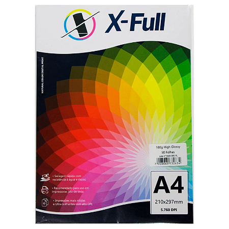 PAPEL FOTOGRÁFICO GLOSSY A4 180G X-FULL 50 FOLHAS
