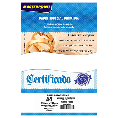 PAPEL FOTOGRÁFICO MATTE FOSCO A4 230G MASTERPRINT 100 FOLHAS