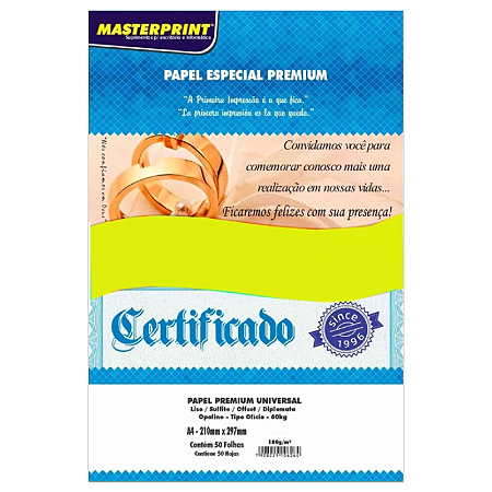 PAPEL OFFSET OPALINE LISO DIPLOMATA AMARELO A4 180G MASTERPRINT 50 FOLHAS
