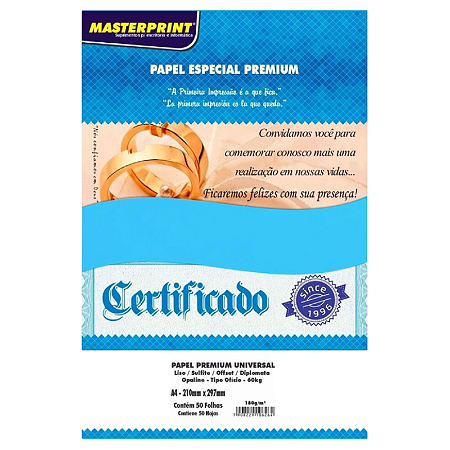 PAPEL OFFSET OPALINE LISO DIPLOMATA AZUL A4 180G MASTERPRINT 50 FOLHAS